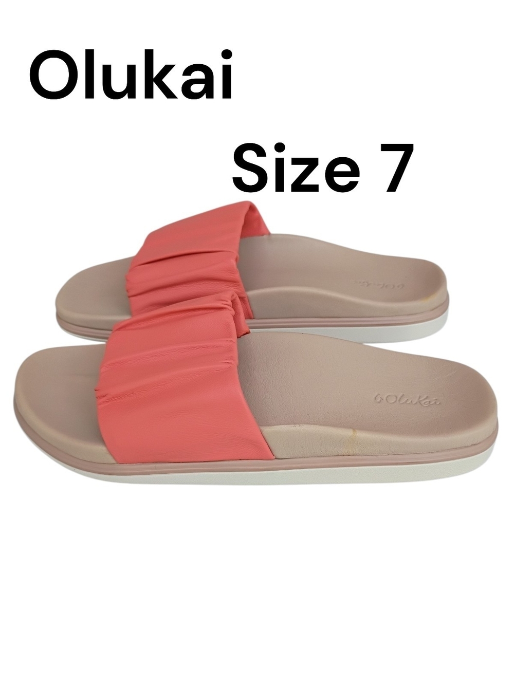 OluKai Pihapiha Fusion Women's Slide Sandal Size 7 in Coral with Ruched Strap